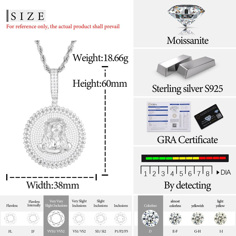 S925 Moissanite Round Jesus Dog Tag Pendant Wiith Cuban Side