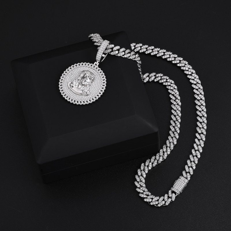 S925 Moissanite Round Jesus Dog Tag Pendant Wiith Cuban Side