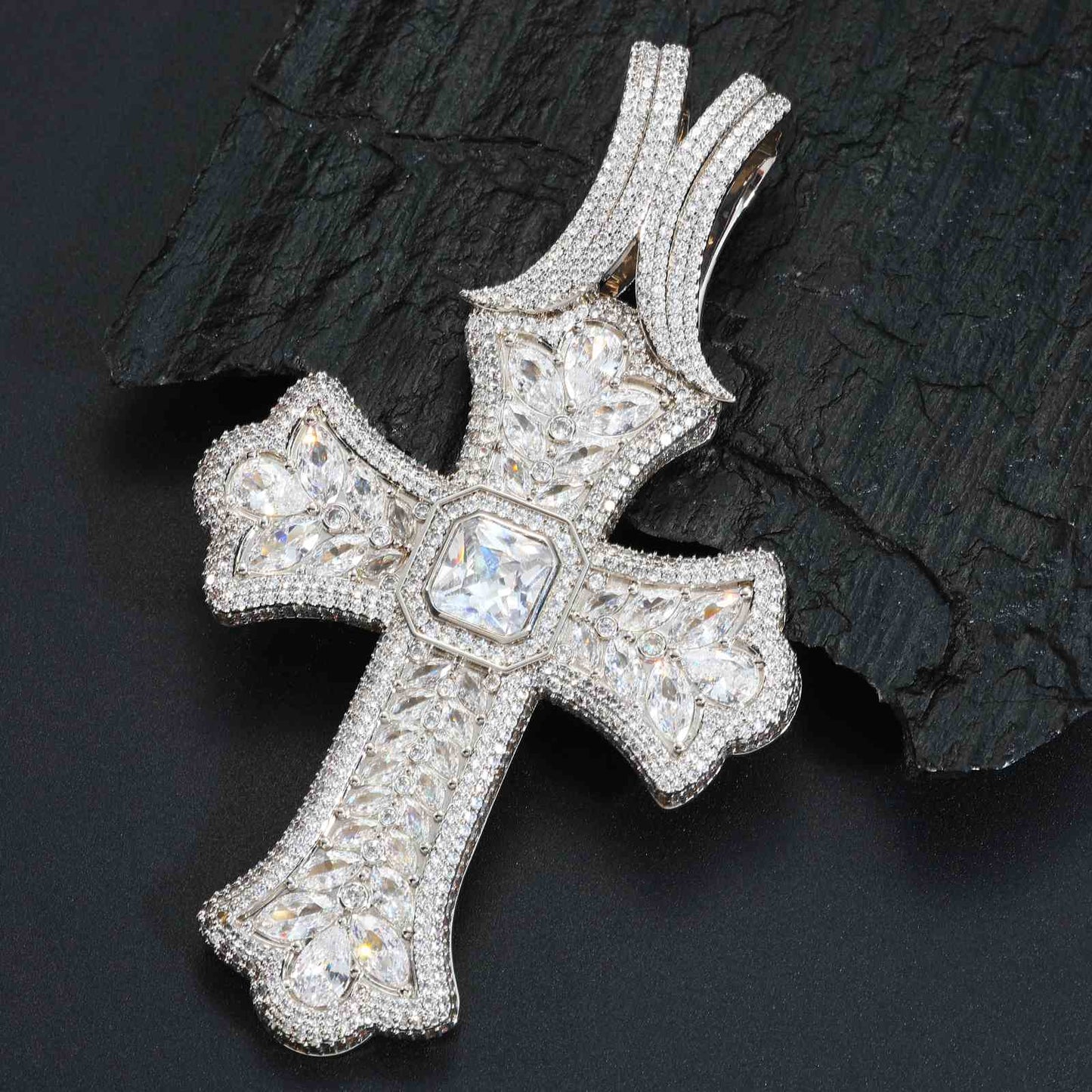 Luxurious Pear Cut CZ Iris Cross Pendant