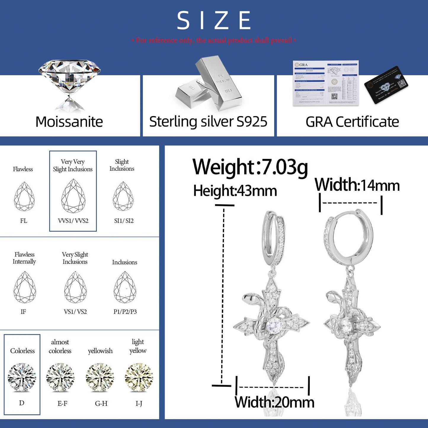 S925 Moissanite Snake Wrap Cross Drop Earrings