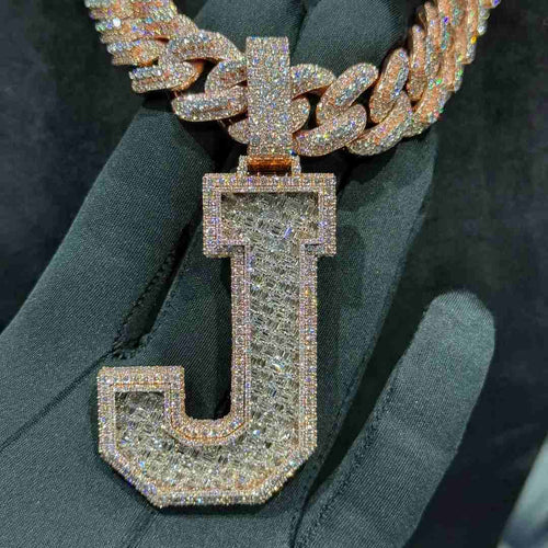 S925 Baguette Moissanite Letter J Pendant