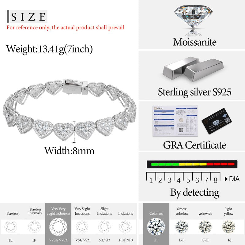 8mm S925 Moissanite Three Stone Heart Tennis Bracelet