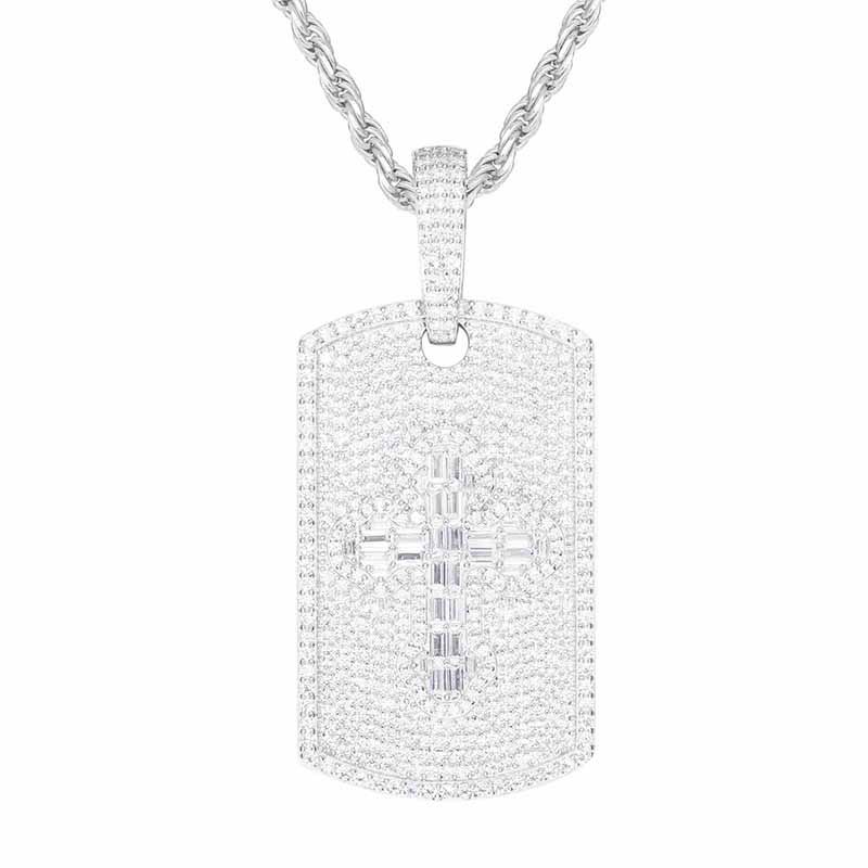 S925 Moissanite Baguette Cross Sign Dog Tag Pendant