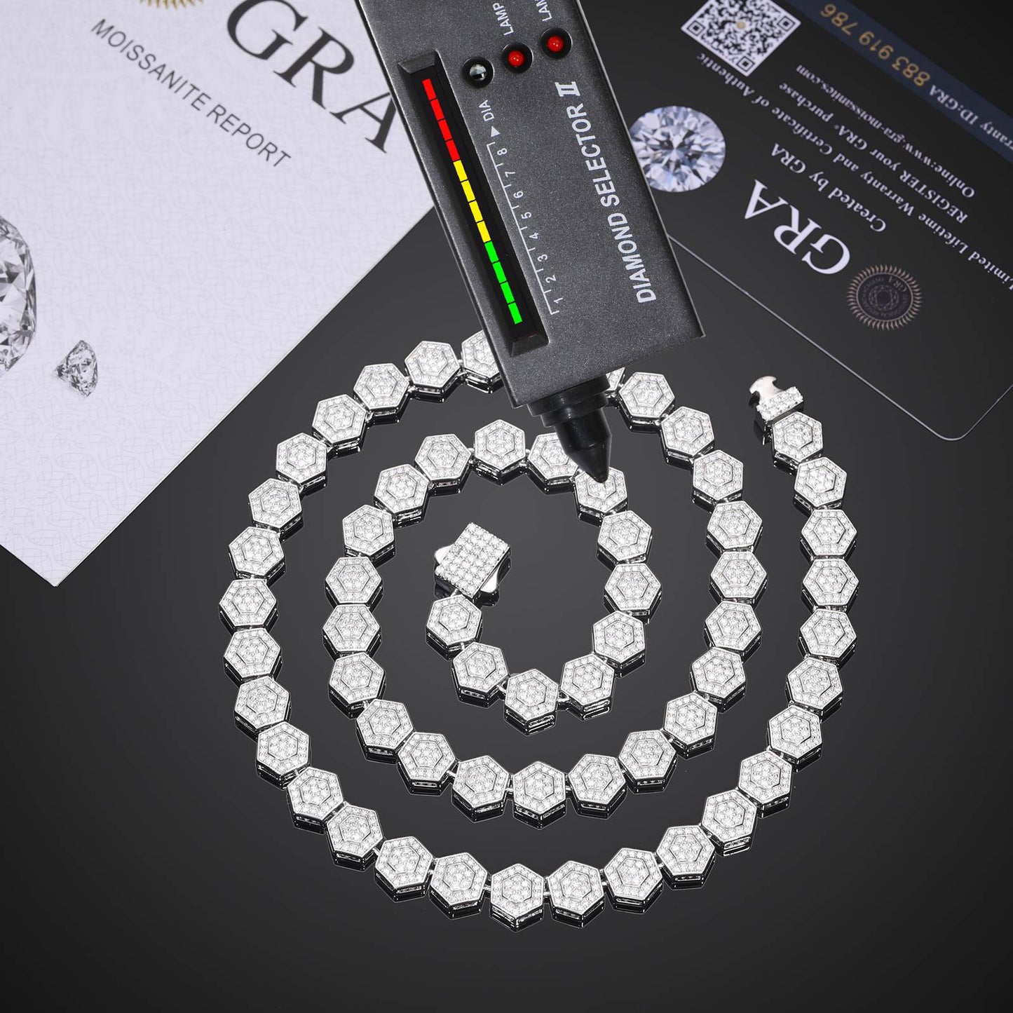 9mm 925 Silver Moissanite Geometric Hexagon Link Chain