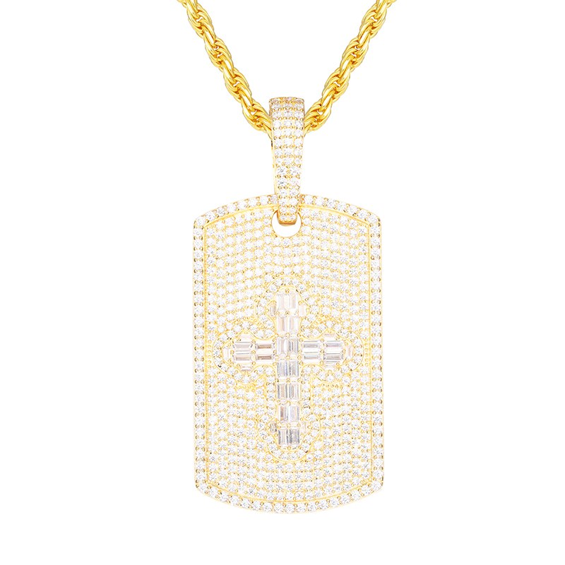 S925 Moissanite Baguette Cross Sign Dog Tag Pendant