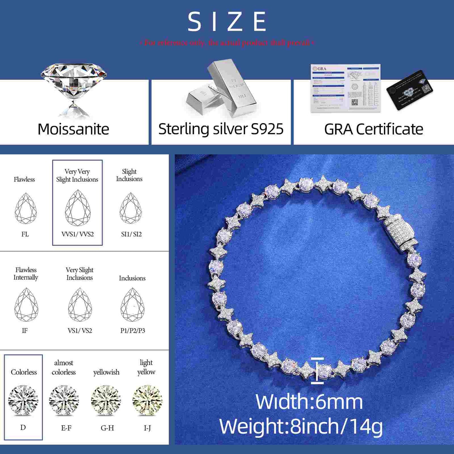 6mm 8mm S925 Moissanite Star Tennis Bracelet