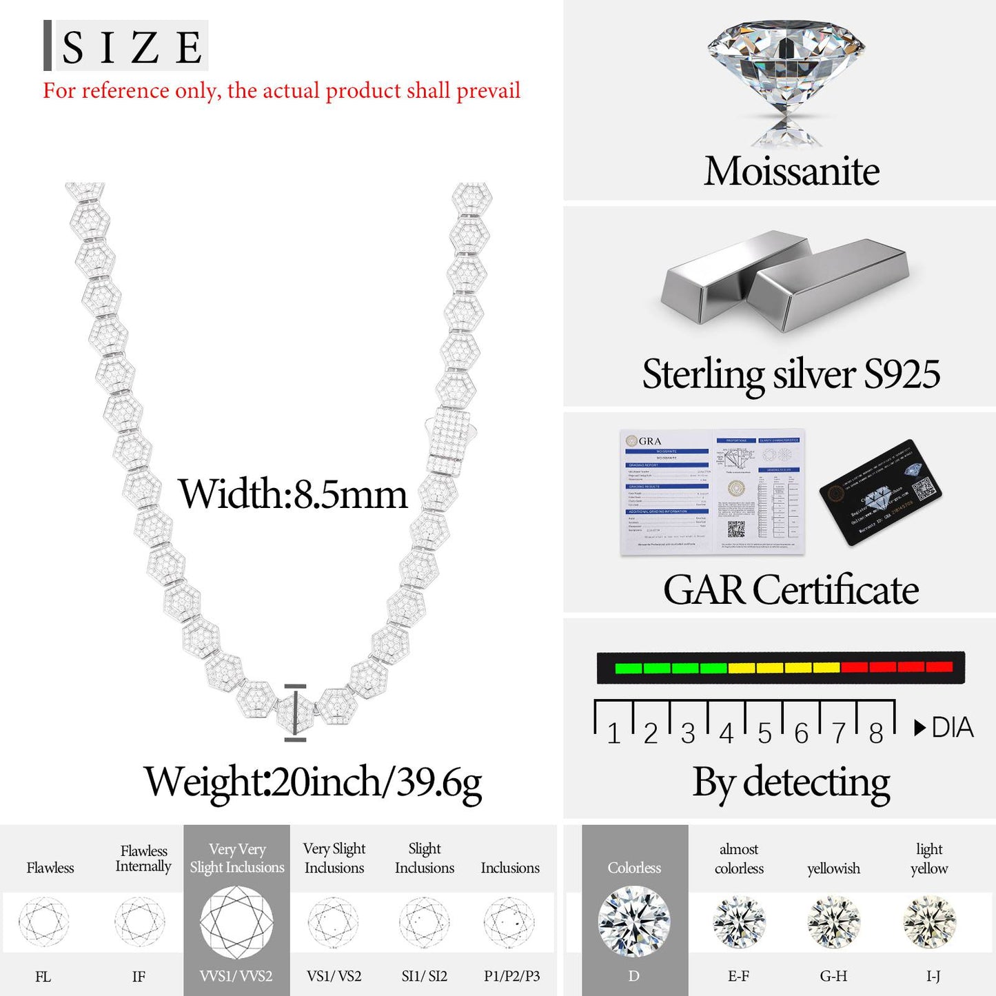 9mm 925 Silver Moissanite Geometric Hexagon Link Chain