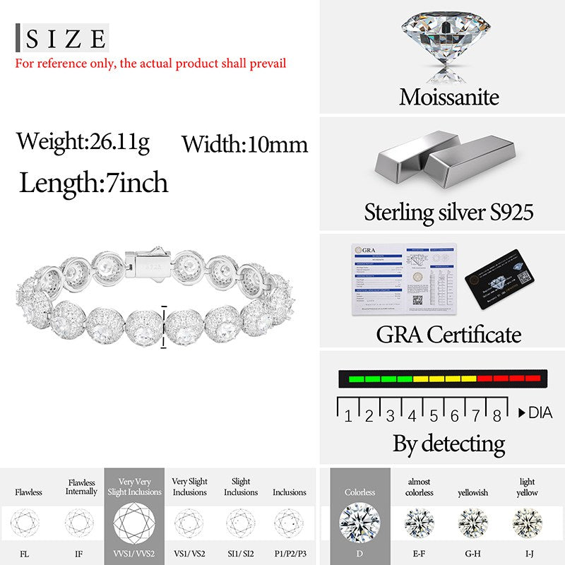 10mm S925 Moissanite Cluster Hemisphere Tennis Bracelet