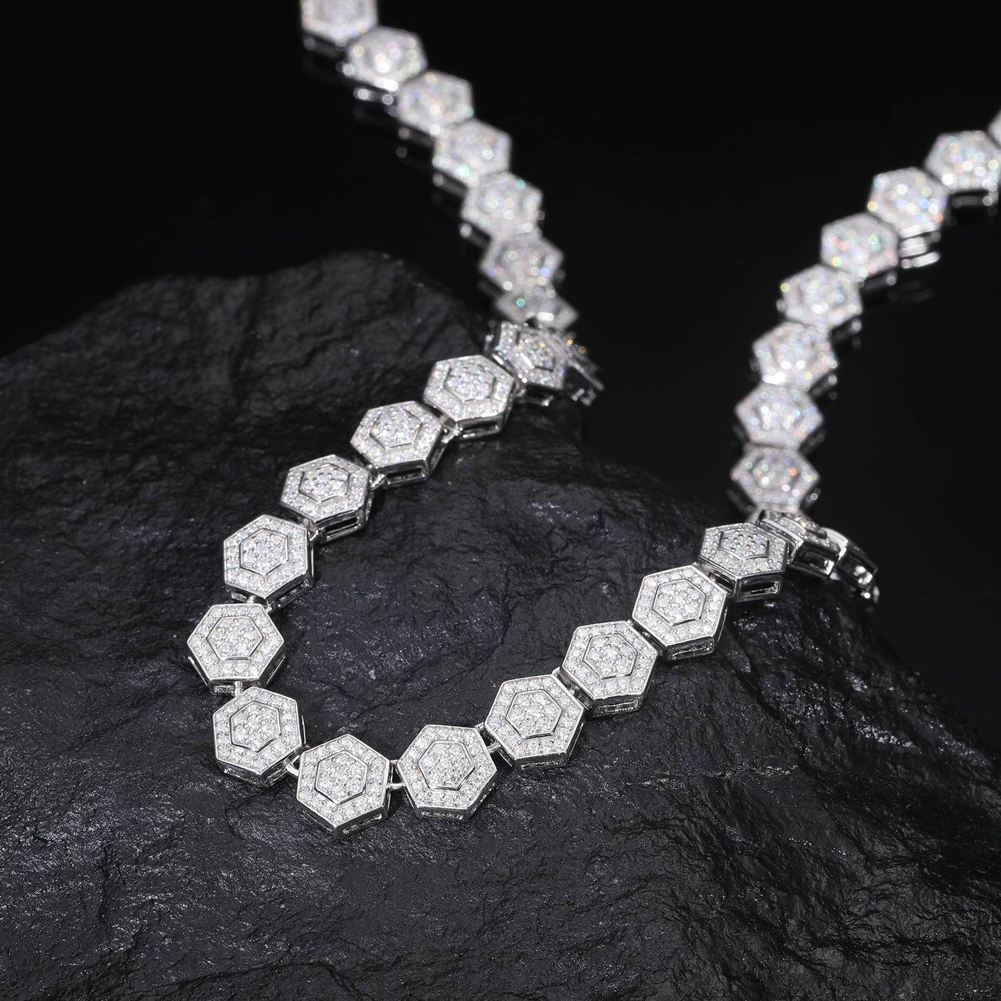 9mm 925 Silver Moissanite Geometric Hexagon Link Chain