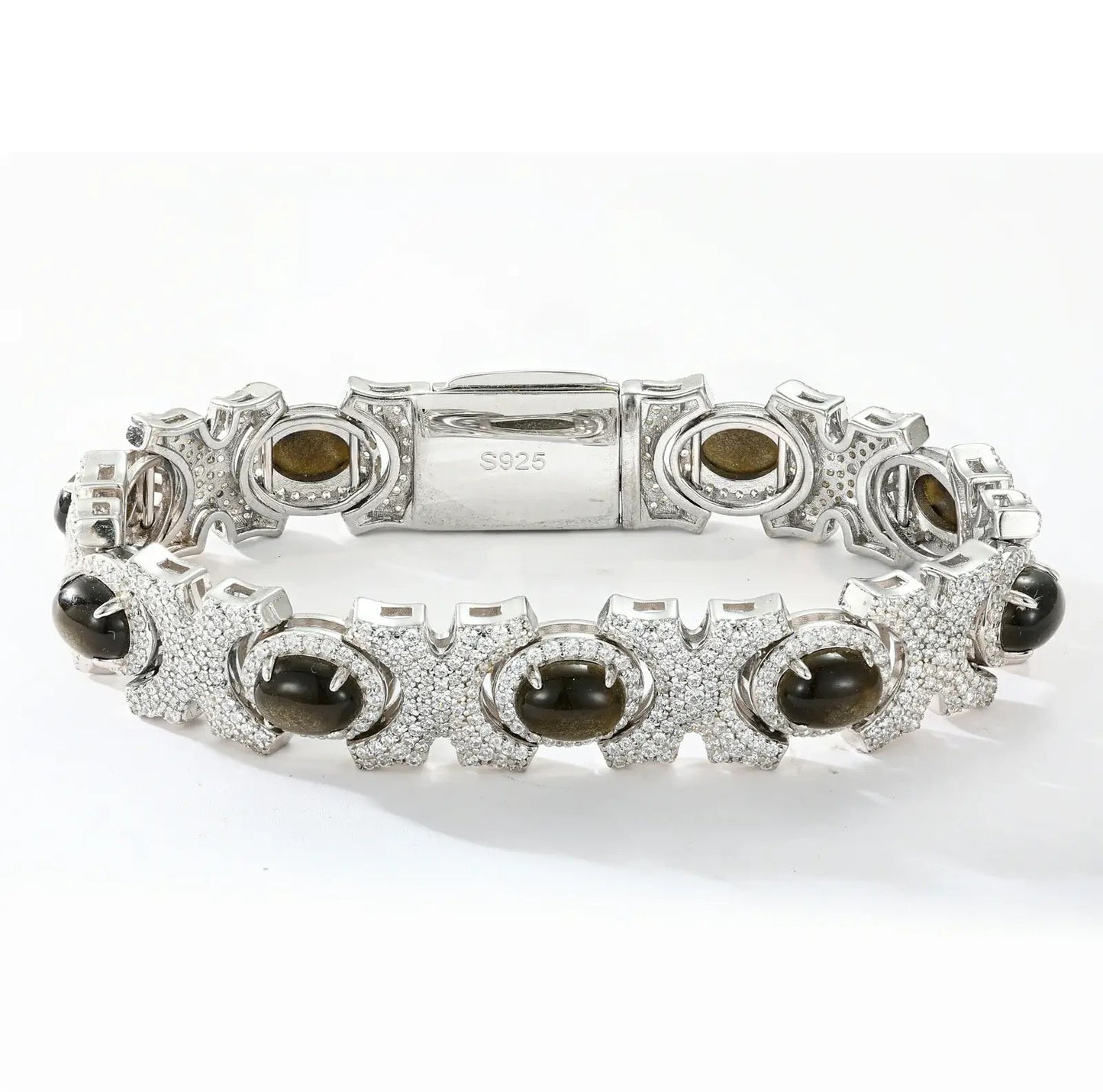 13mm S925 Moissanite Oval Natural Obsidian X Link Bracelet