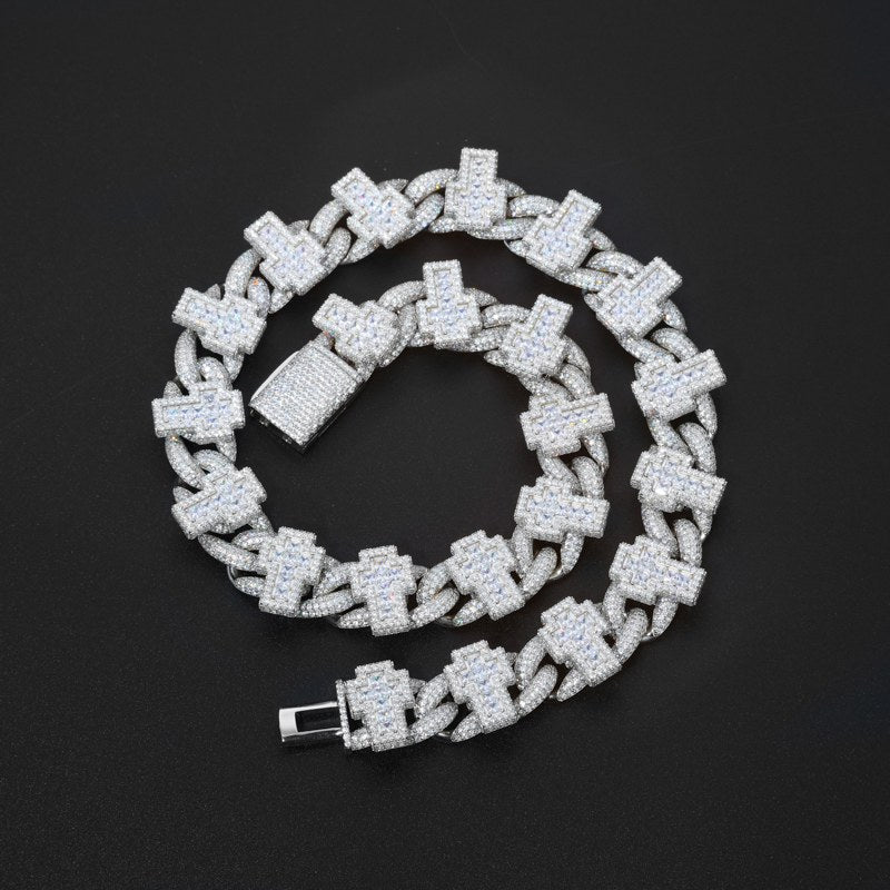 19mm S925 Moissanite Princess Cut Cross Cuban Link Chain