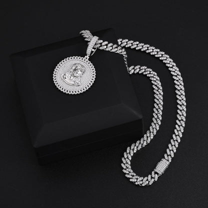 S925 Moissanite Round Jesus Dog Tag Pendant Wiith Cuban Side