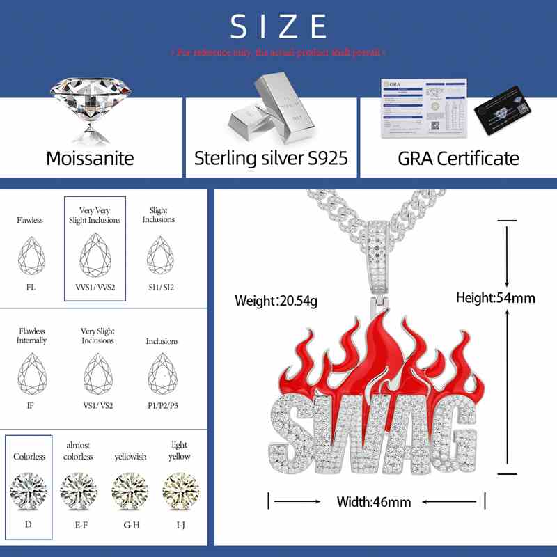 S925 Moissanite Letter SWAG Pendant With Flame