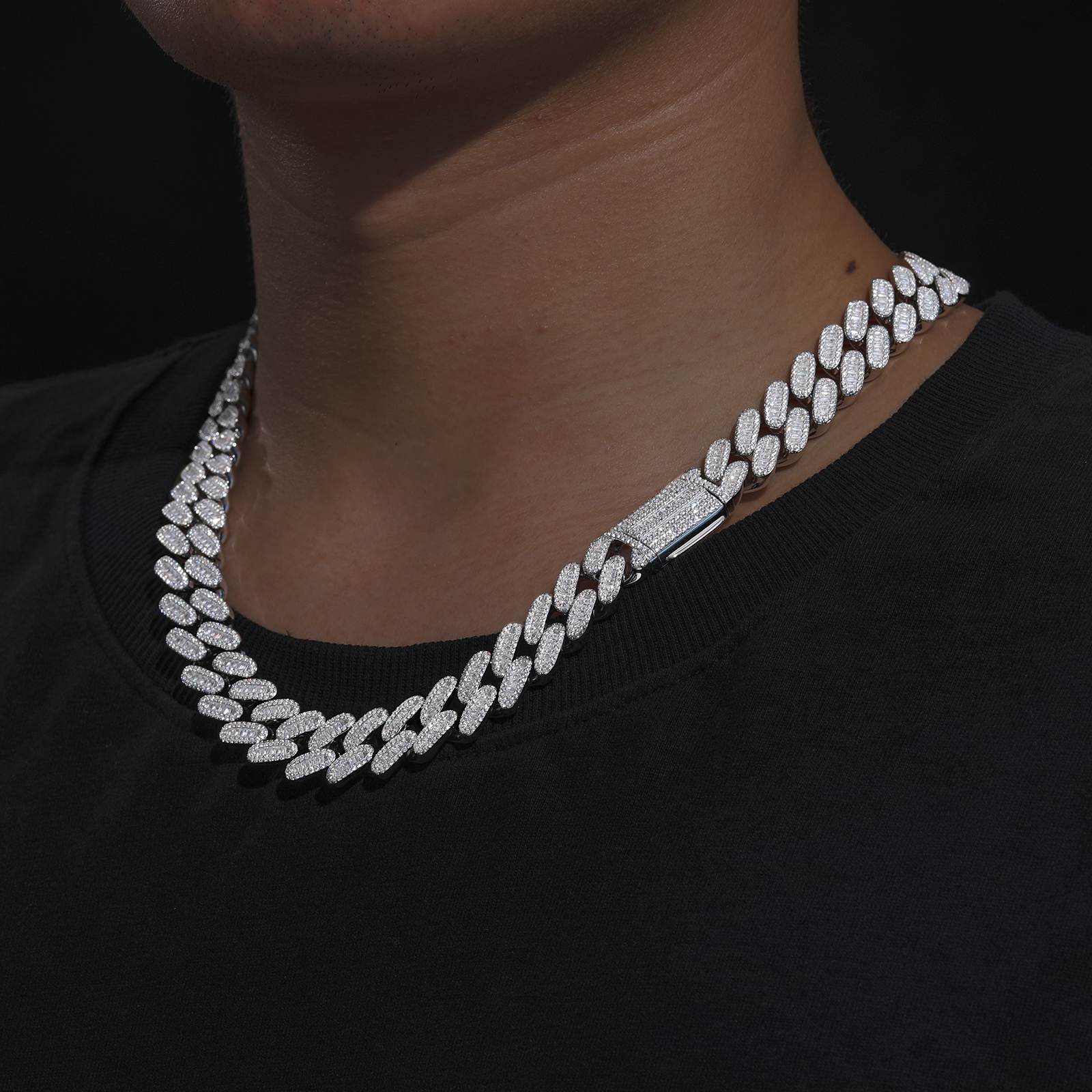 14mm S925 1 Row Baguette Moissanite Cuban Link Chain