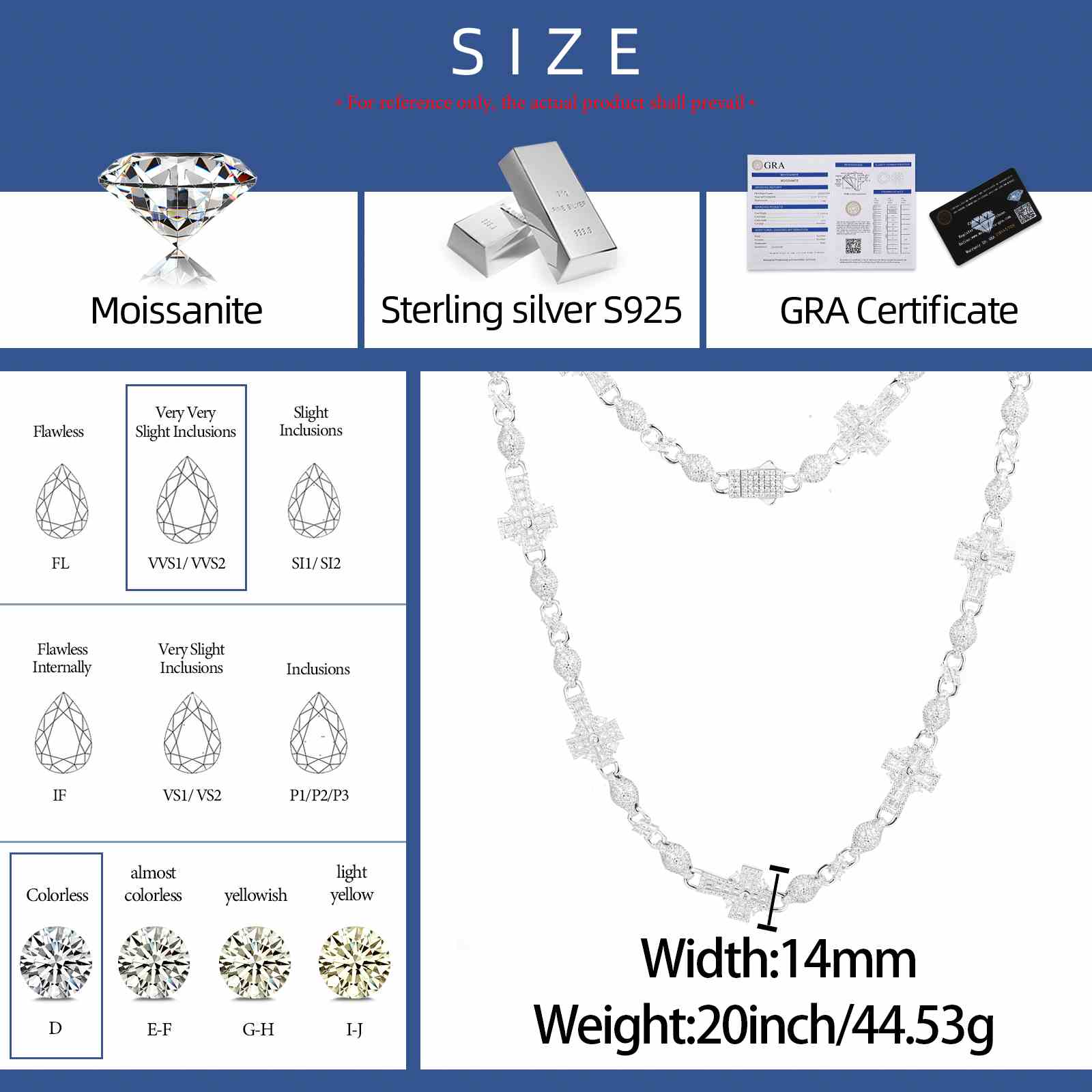 14mm S925 Baguette Moissanite Celtic Cross Chain