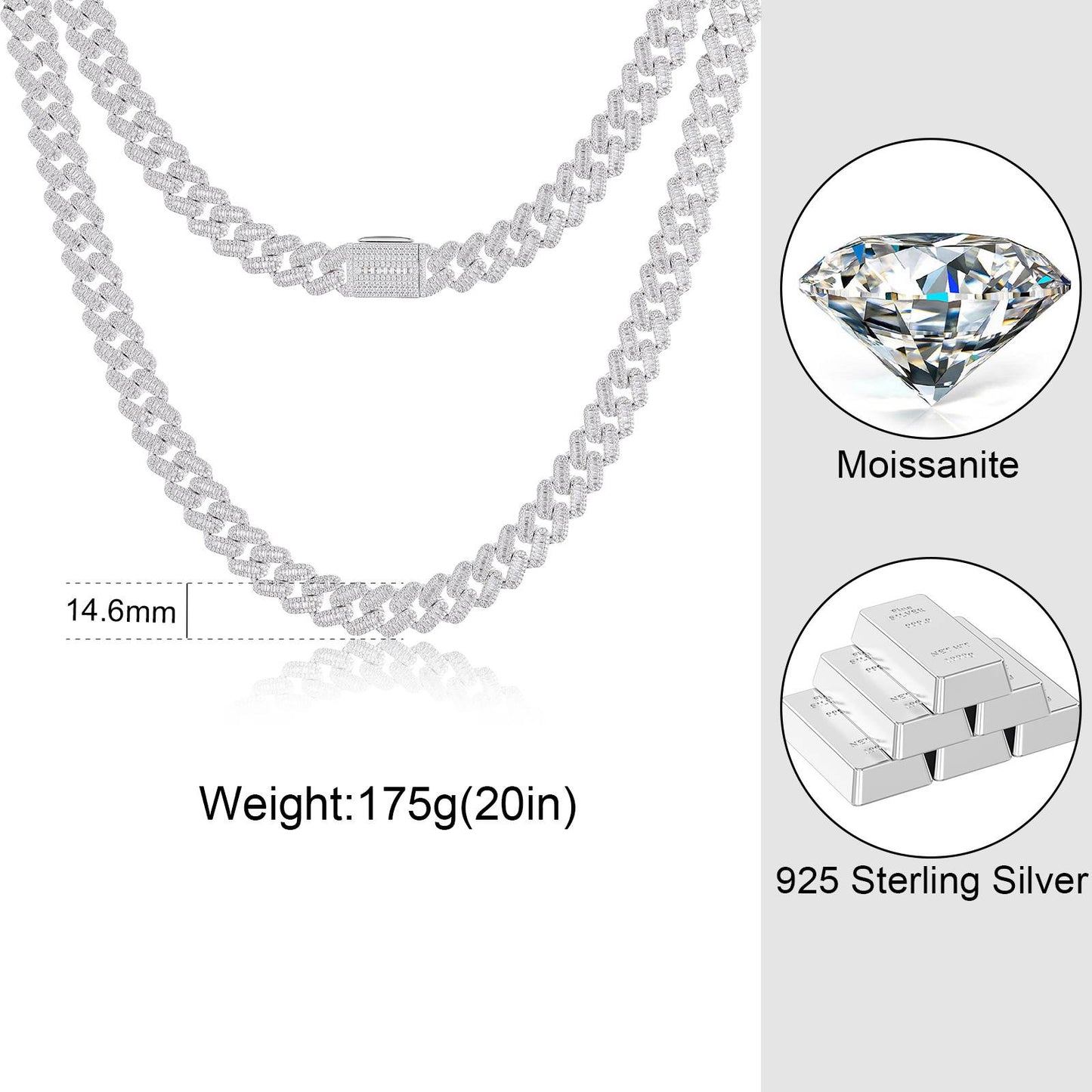 14mm S925 1 Row Baguette Moissanite Cuban Link Chain