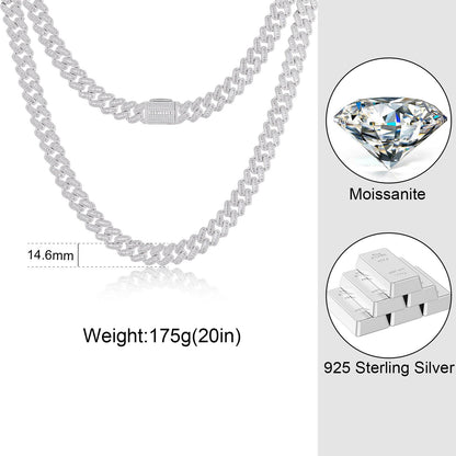 14mm S925 1 Row Baguette Moissanite Cuban Link Chain