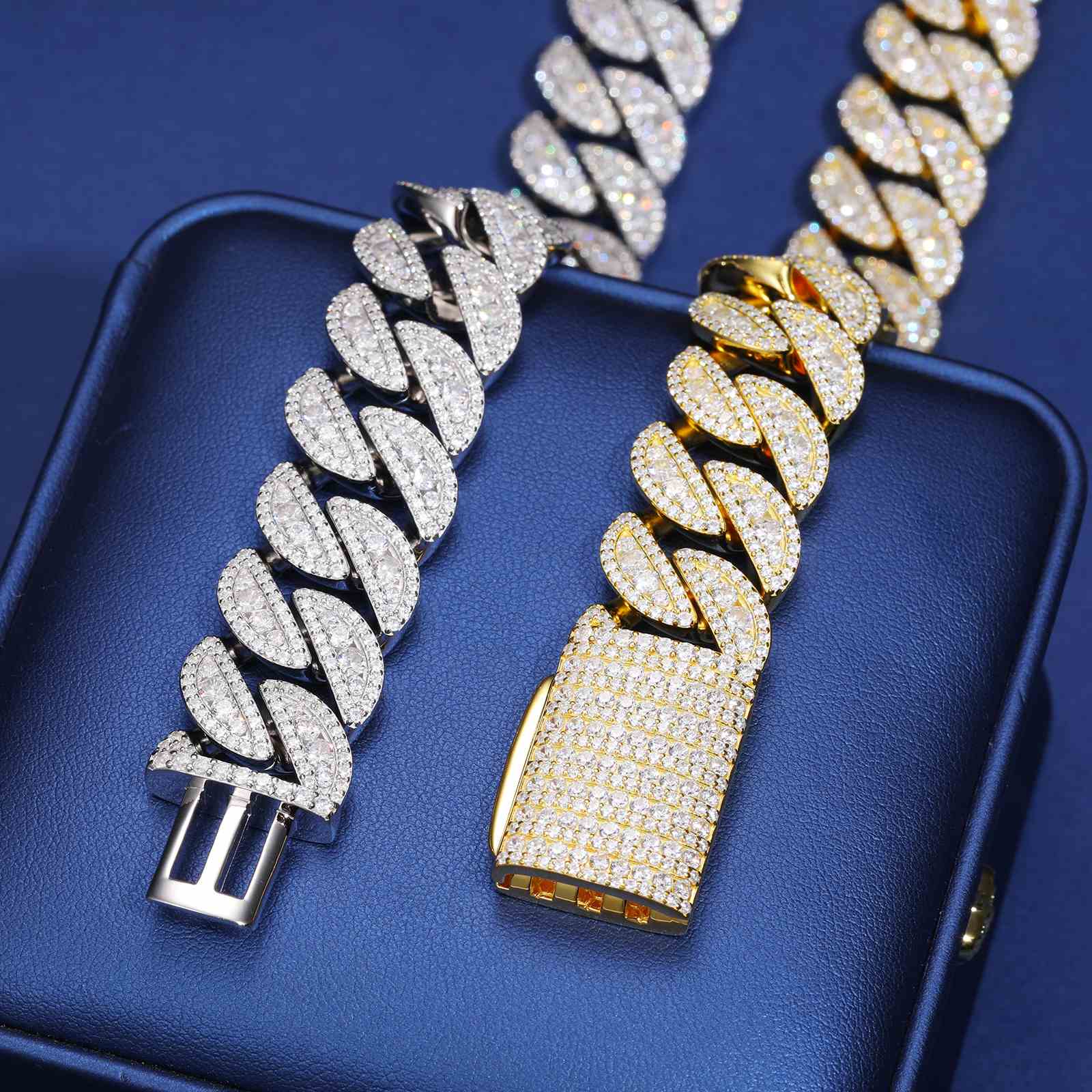 18mm S925 3 Rows Moissanite Round Cuban Link Chain