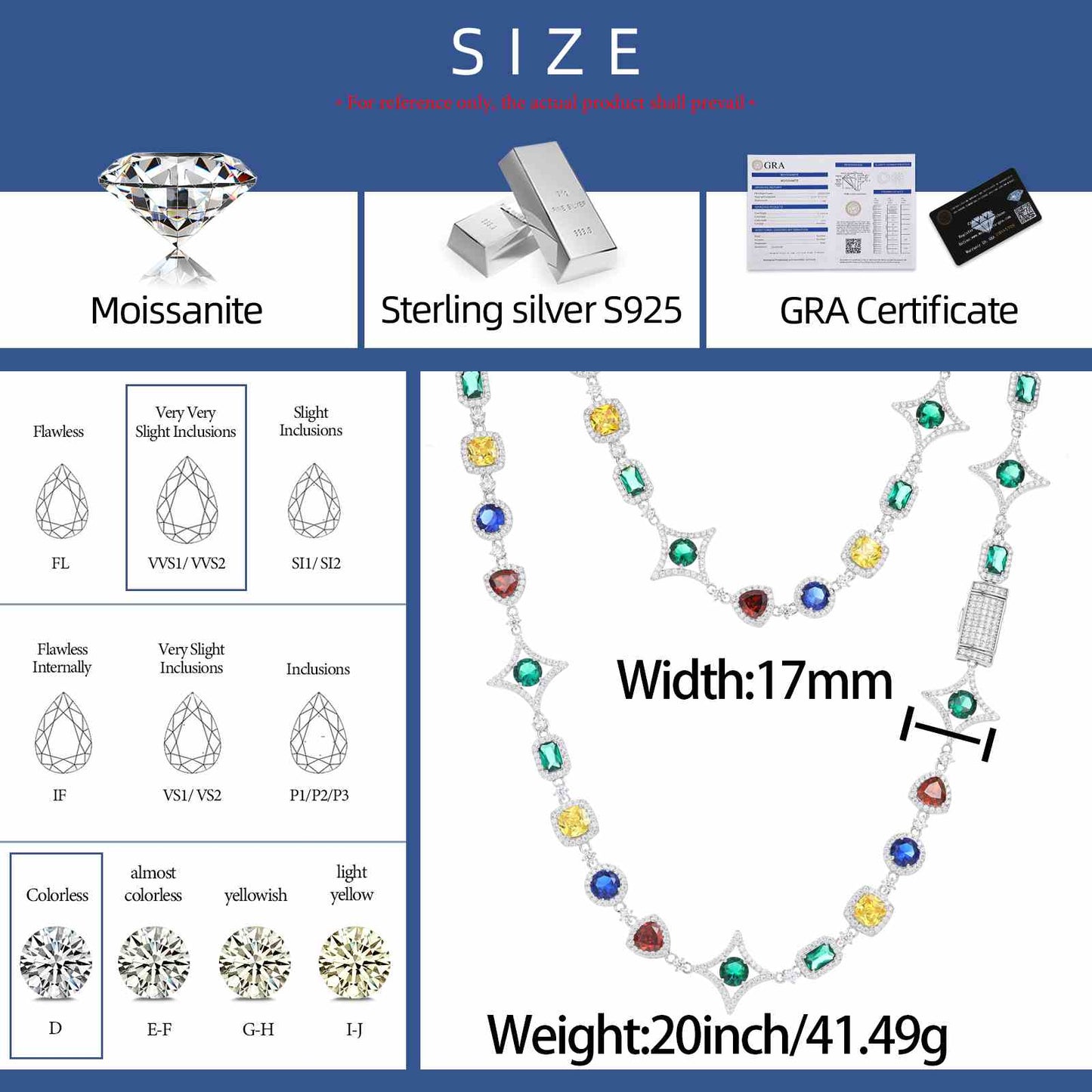 17mm S925 Moissanite Colored Star Halo Tennis Chain