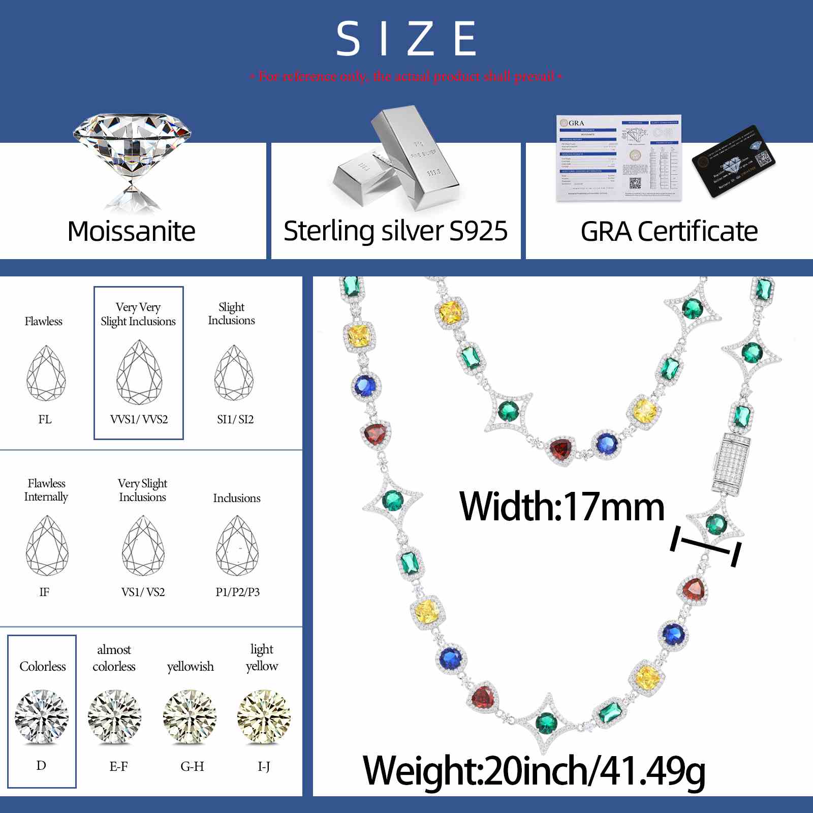 17mm S925 Moissanite Colored Star Halo Tennis Chain