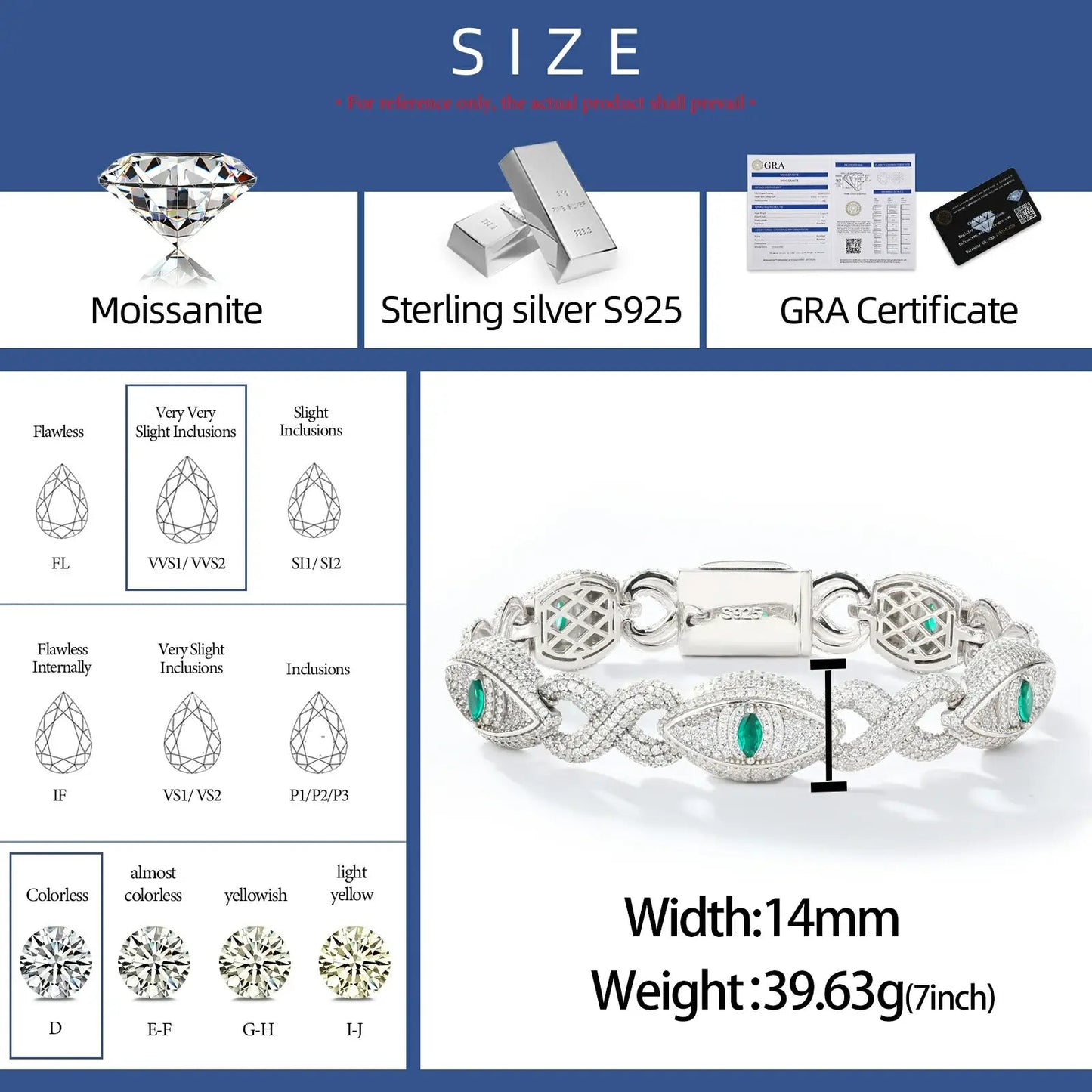 14mm S925 Moissanite Infinity Evil Eye Link Bracelet
