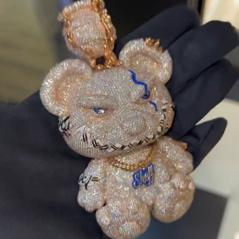S925 Moissanite Domineering Sheff Letters Cuban Chain Mr. Bear Pendant
