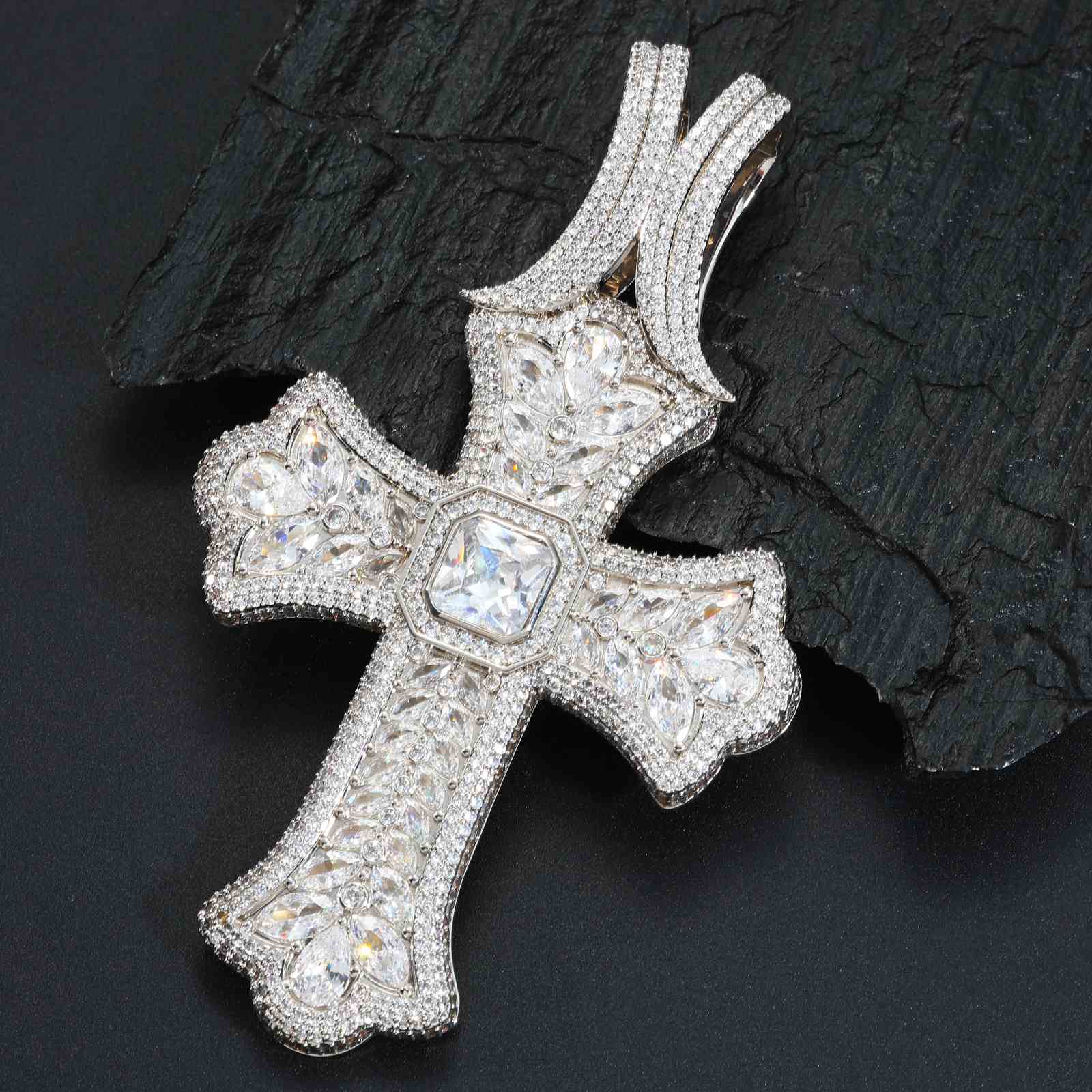 Luxurious Pear Cut CZ Iris Cross Pendant