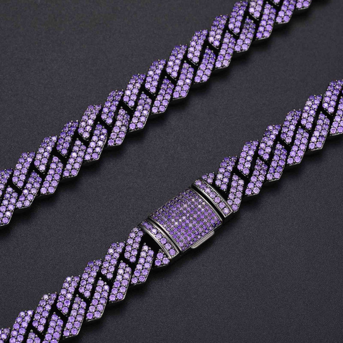 14mm 2 Rows Purple CZ Cuban Link Chain