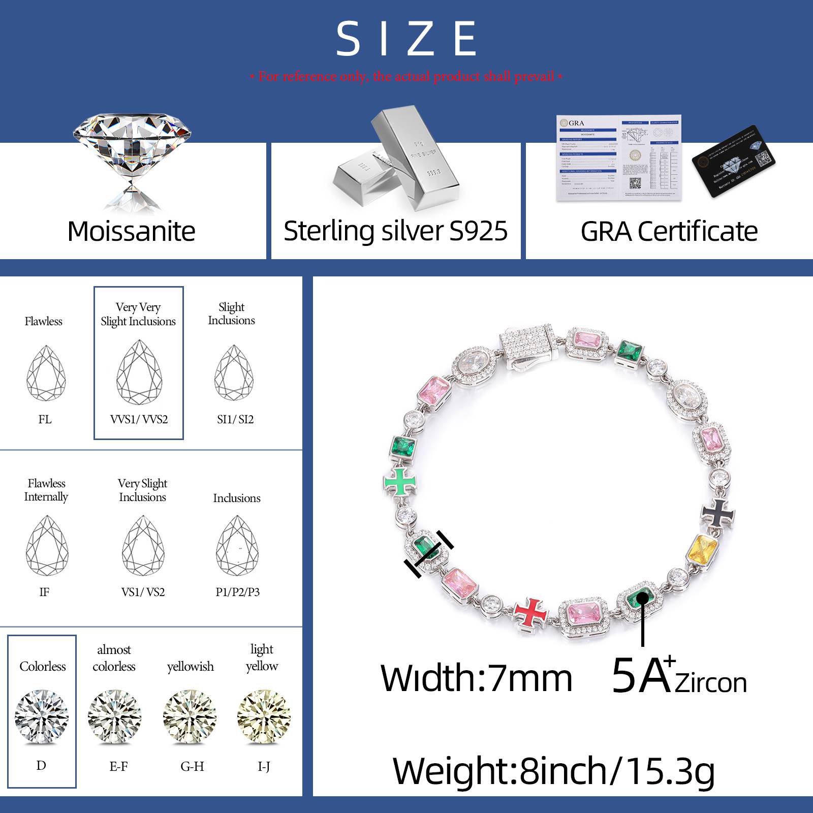 7mm S925 Color Gemstones Enamel Cross Tennis Bracelet