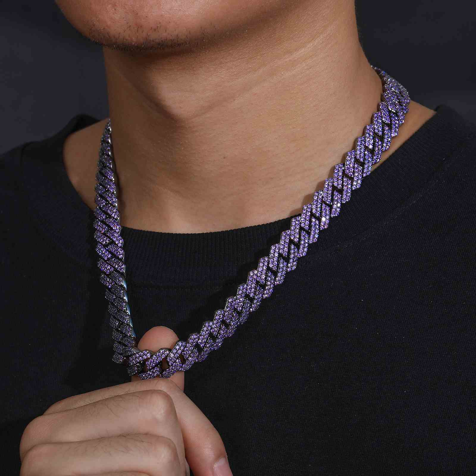 14mm 2 Rows Purple CZ Cuban Link Chain