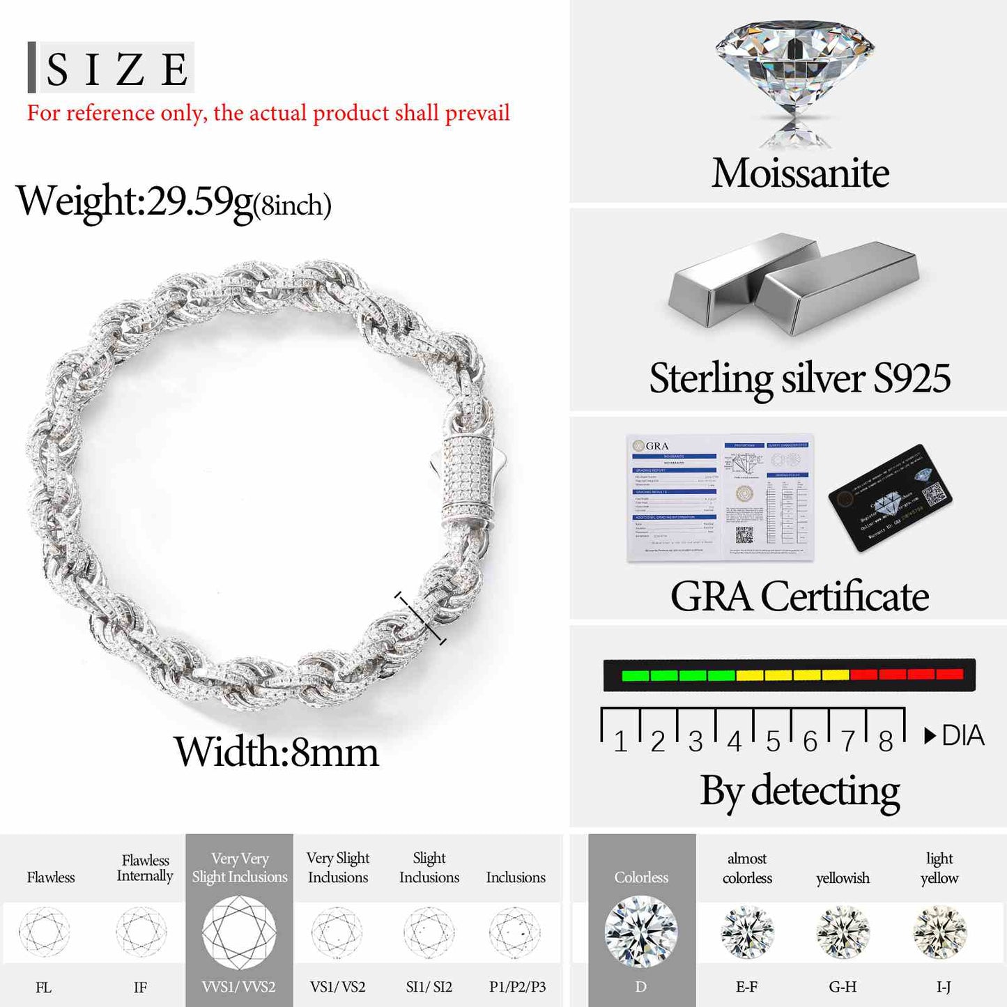 8mm 12mm S925 Moissanite Iced Out Rope Bracelet