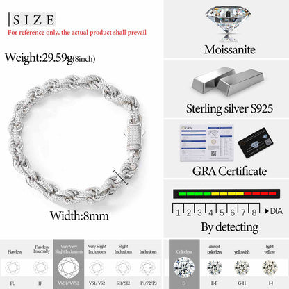 8mm 12mm S925 Moissanite Iced Out Rope Bracelet