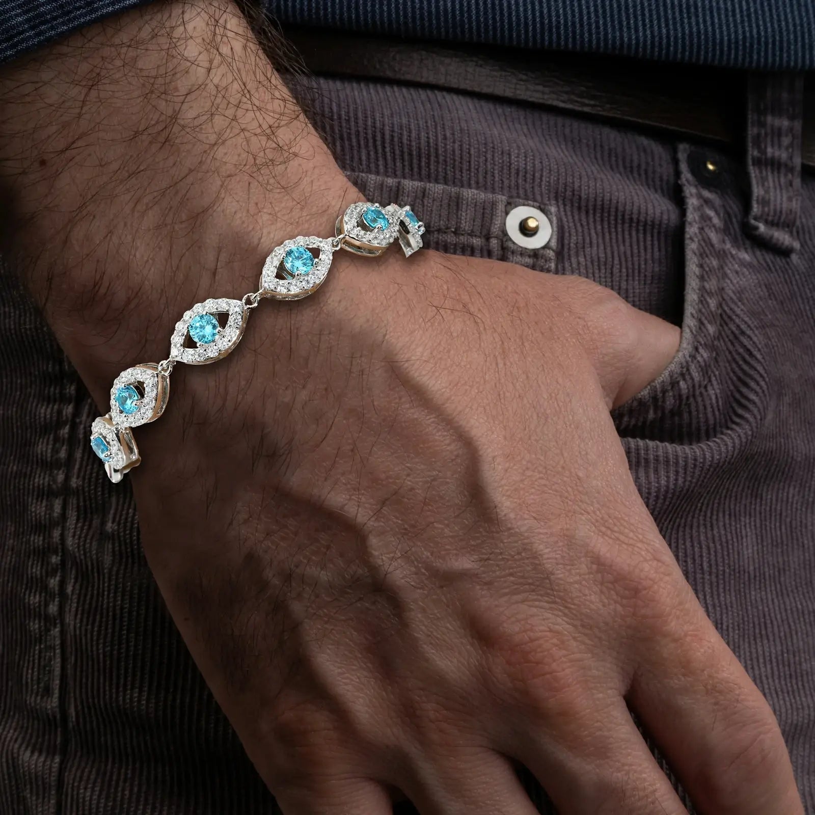 14mm S925 Moissanite Evil Eye Link Bracelet