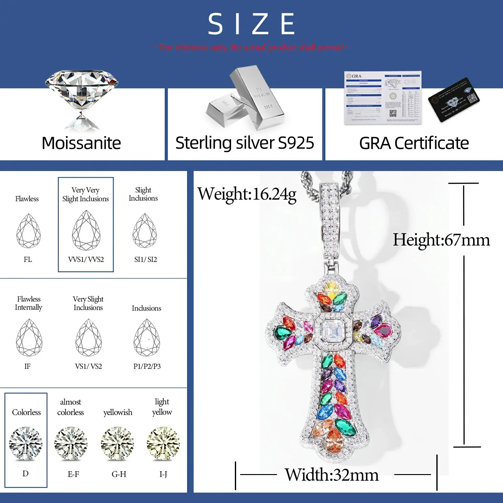 S925 Moissanite Assorted Candy Iris Cross Pendant