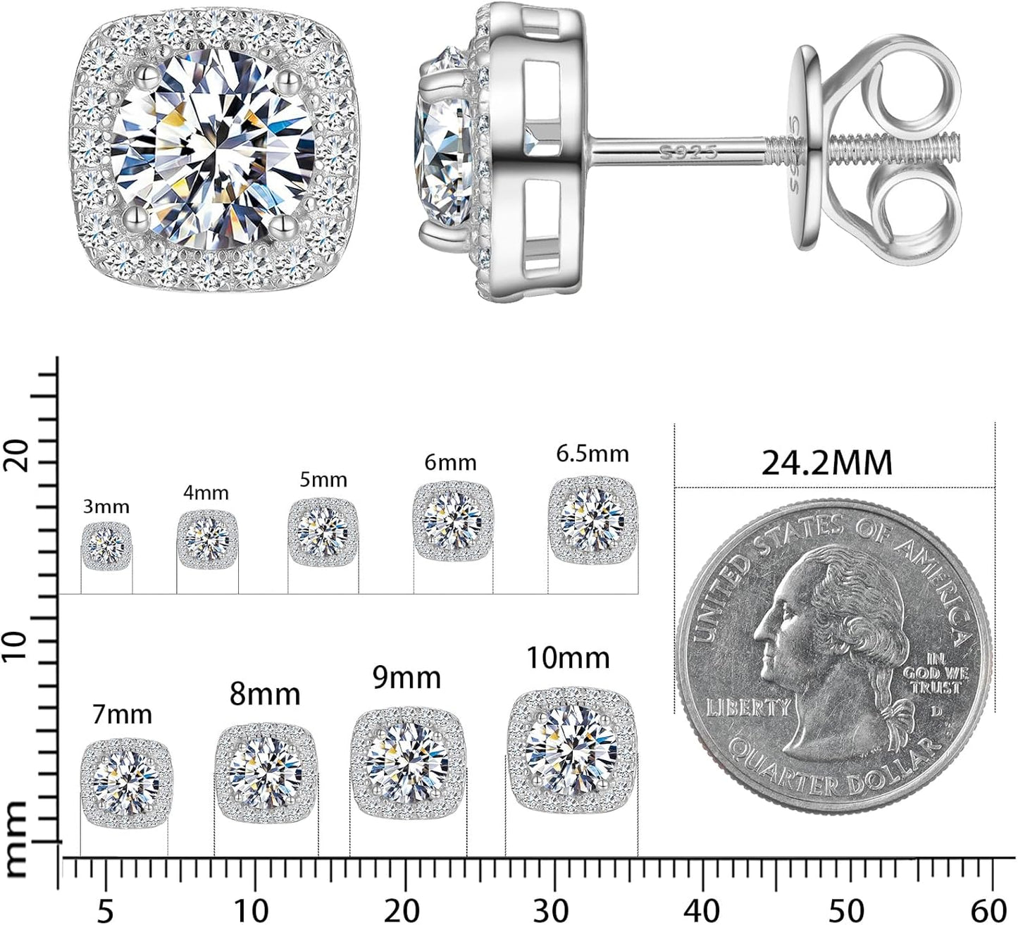 S925 Moissanite Square Halo Stud Earrings