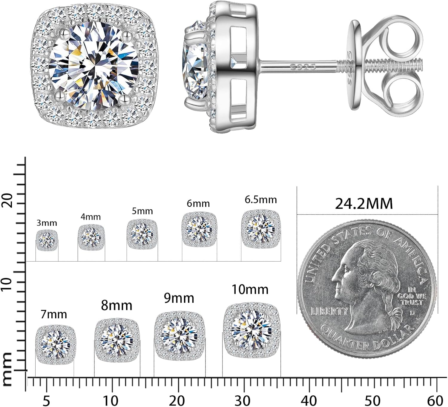 S925 Moissanite Square Halo Stud Earrings