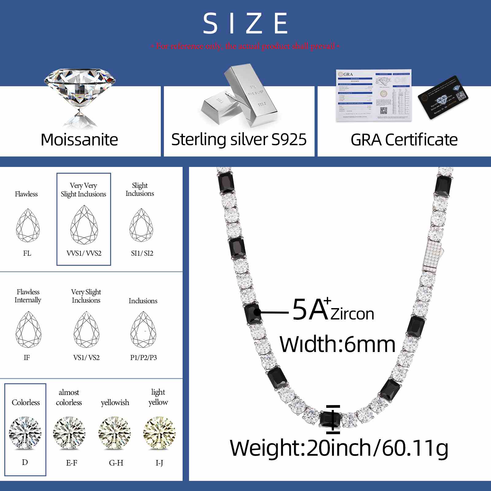 6mm S925 Moissanite Tennis Chain Separate With Baguette Gemstone