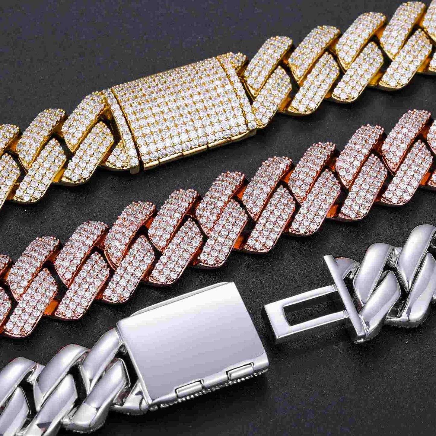 20mm Prong 3 Row CZ Diamond Cuban Link Chain