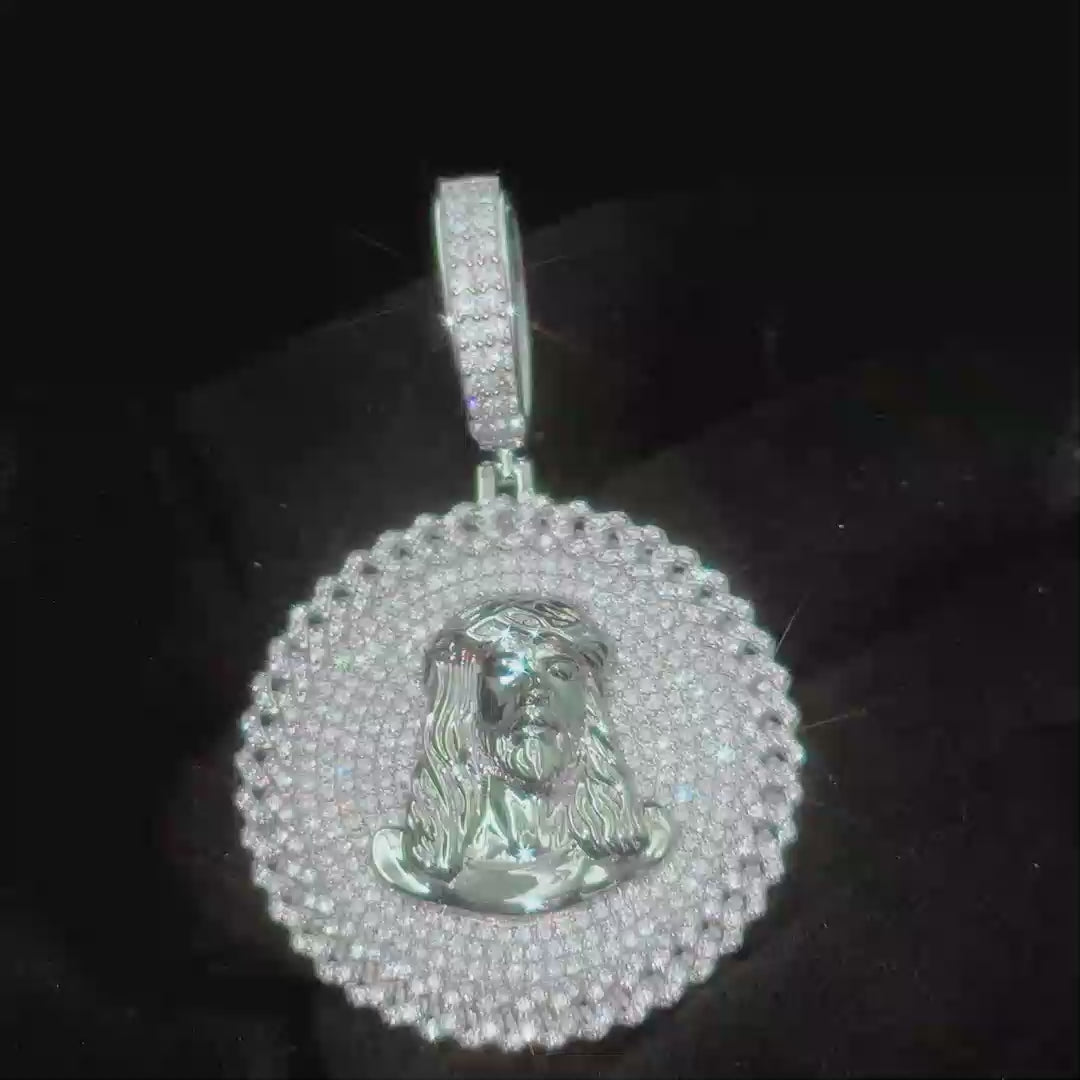 S925 Moissanite Round Jesus Dog Tag Pendant Wiith Cuban Side