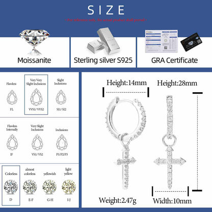 S925 Moissanite Cross Drop Earrings