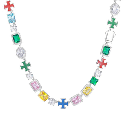 10mm S925 Moissanite Enamel Cross Colorful Gemstone Tennis Chain