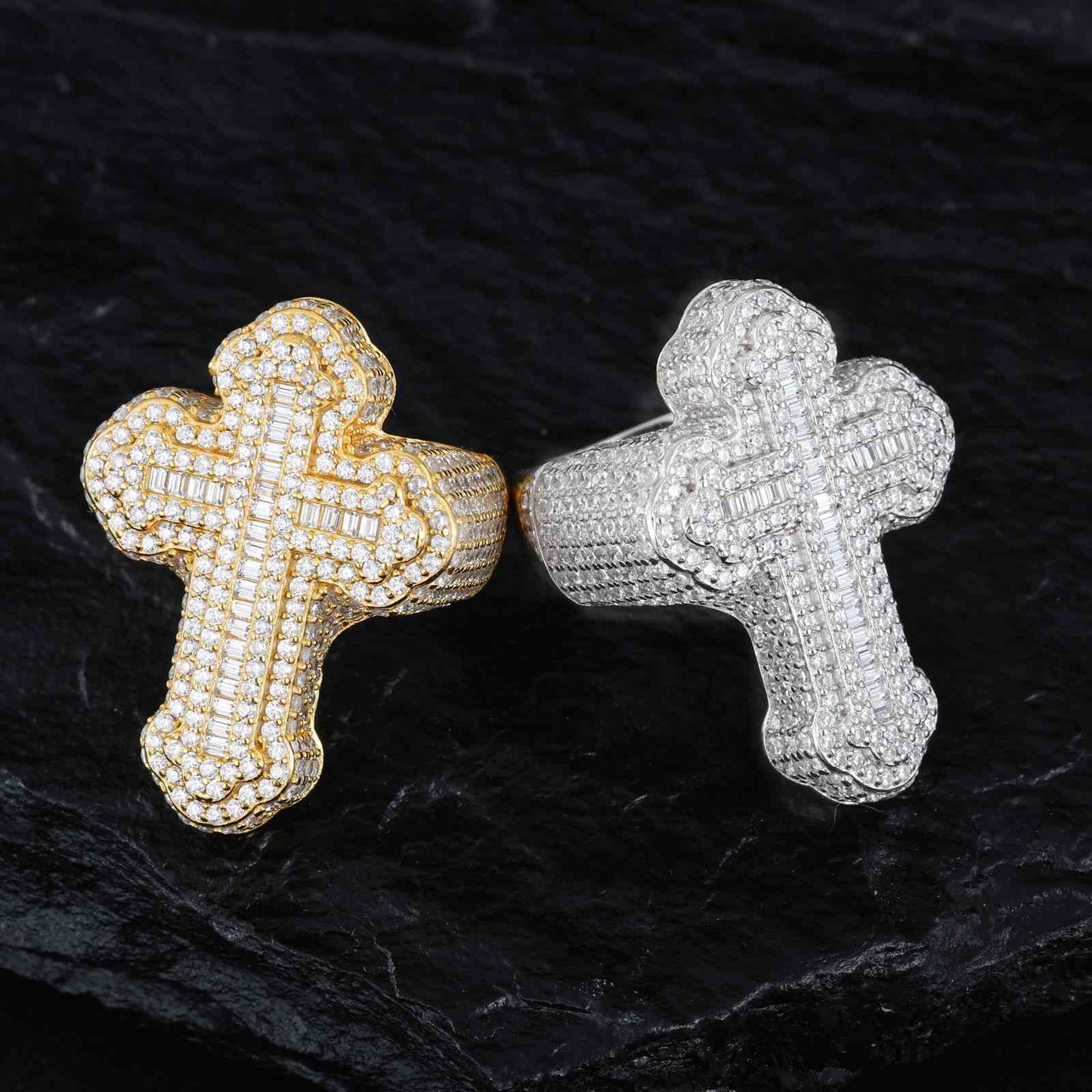 S925 Moissanite Baguette Moissanite 2 Layer Iris Cross Ring