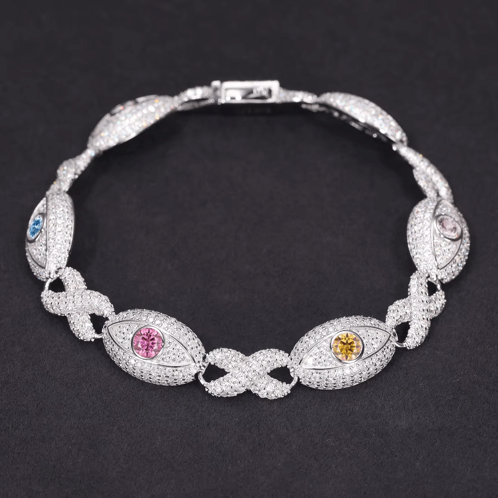 11mm S925 Moissanite Evil Eye Infinity Cuban Link Bracelet