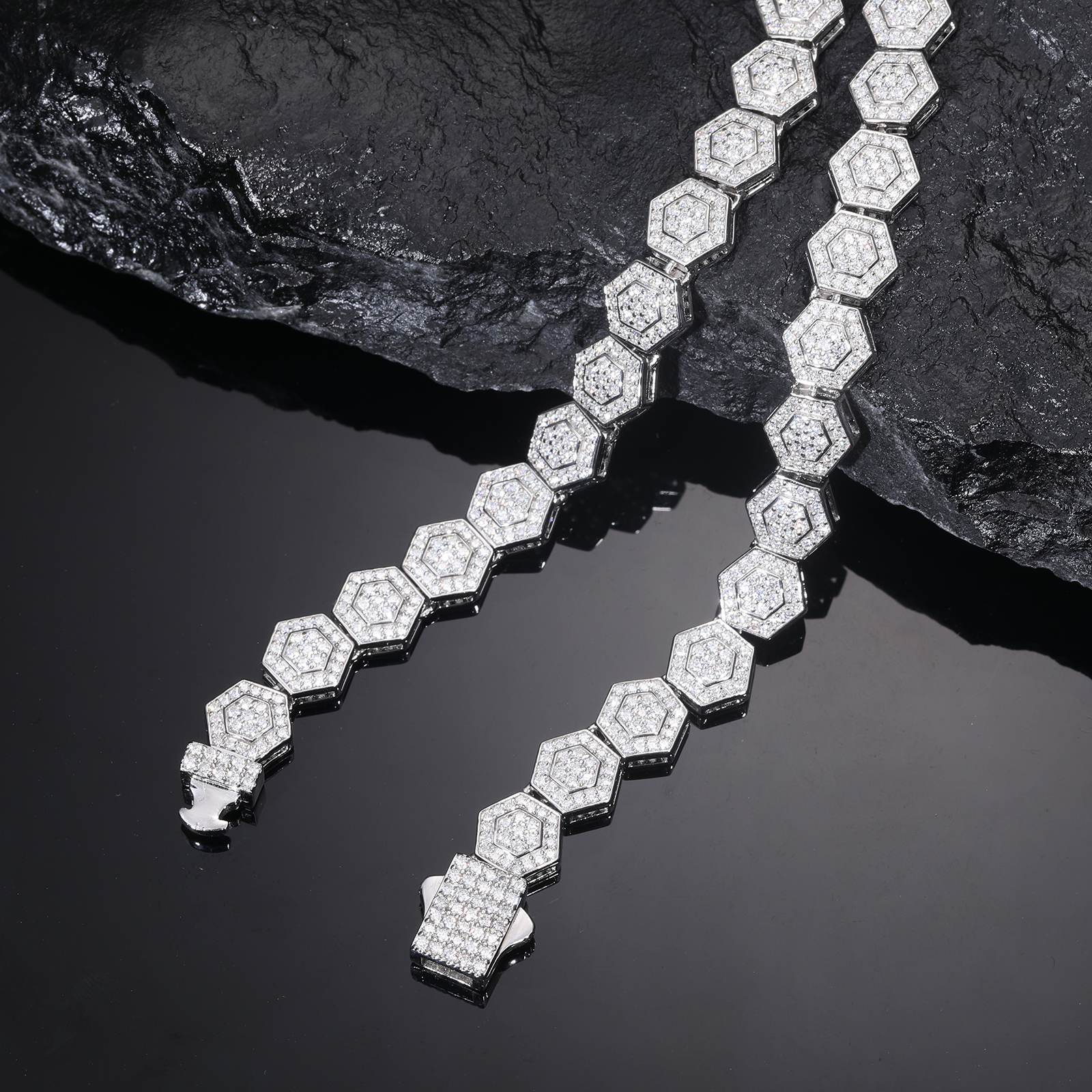 9mm 925 Silver Moissanite Geometric Hexagon Link Chain