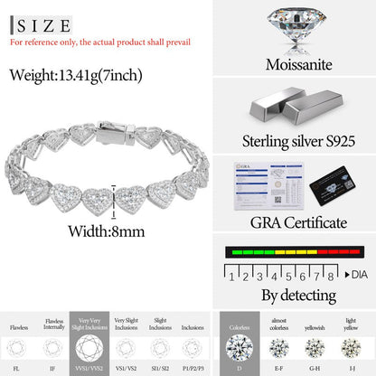8mm S925 Moissanite Three Stone Heart Tennis Bracelet