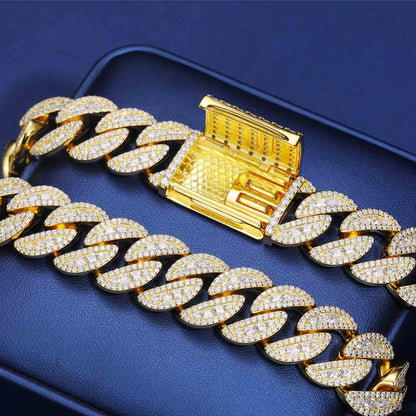 18mm S925 3 Rows Moissanite Round Cuban Link Chain