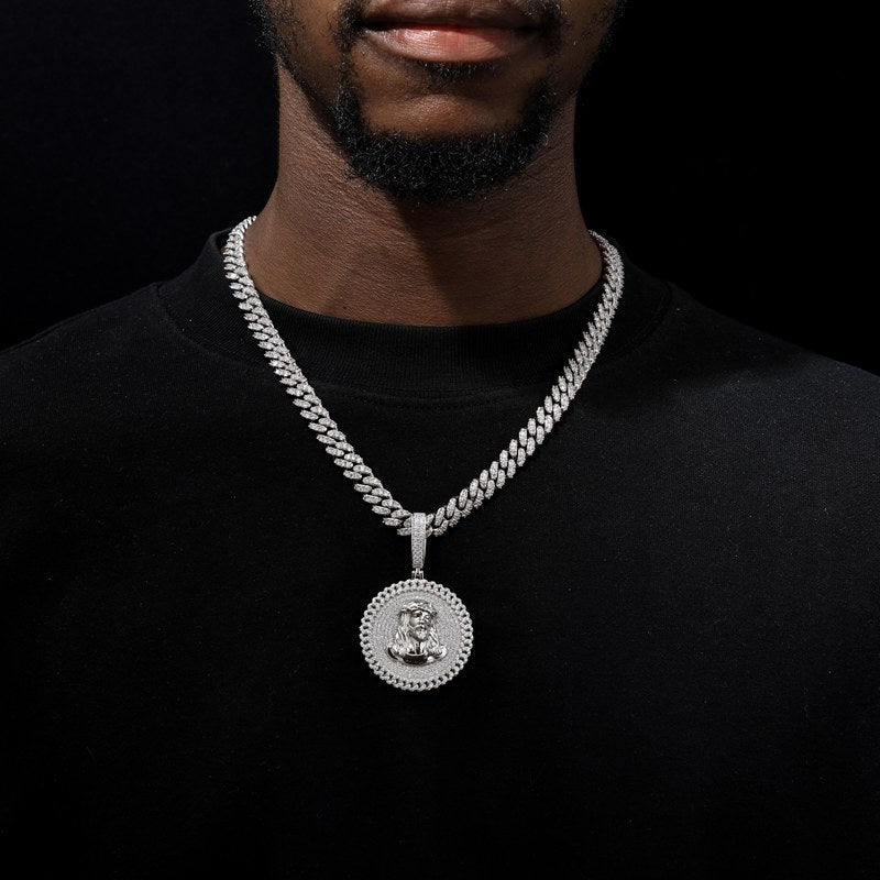 S925 Moissanite Round Jesus Dog Tag Pendant Wiith Cuban Side