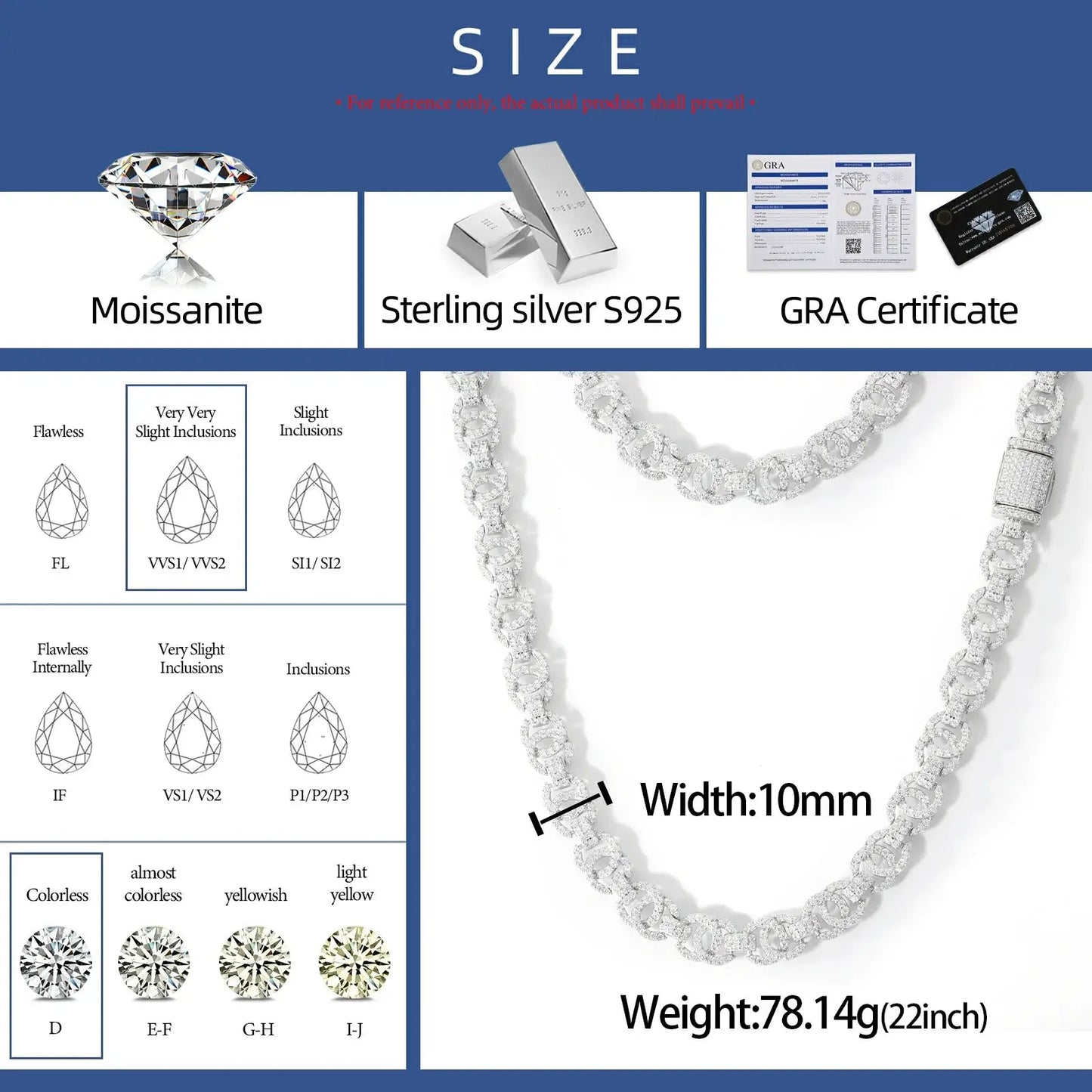 10mm S925 Moissanite Chino Link Chain