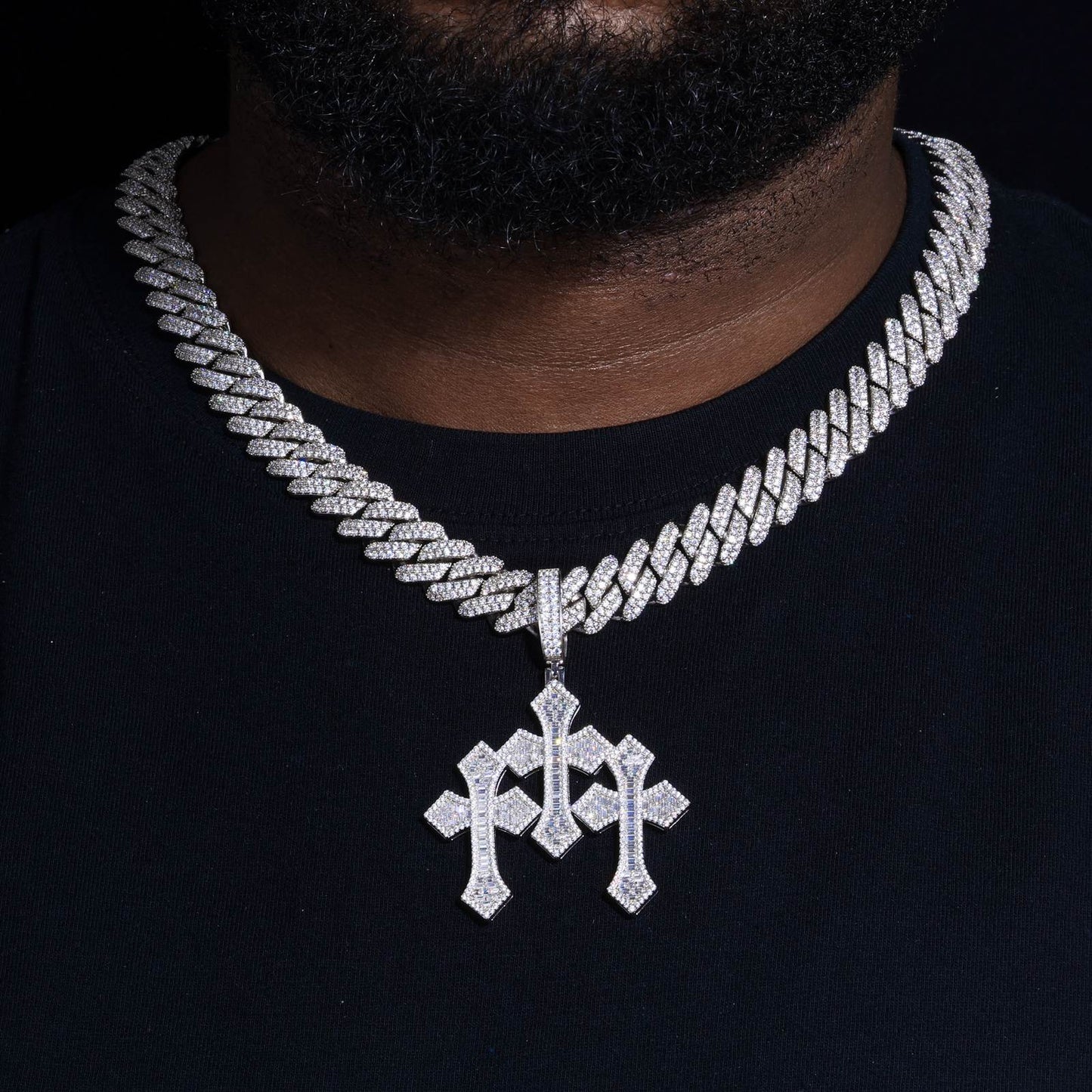 S925 Baguette Moissanite Triple Cross Pendant