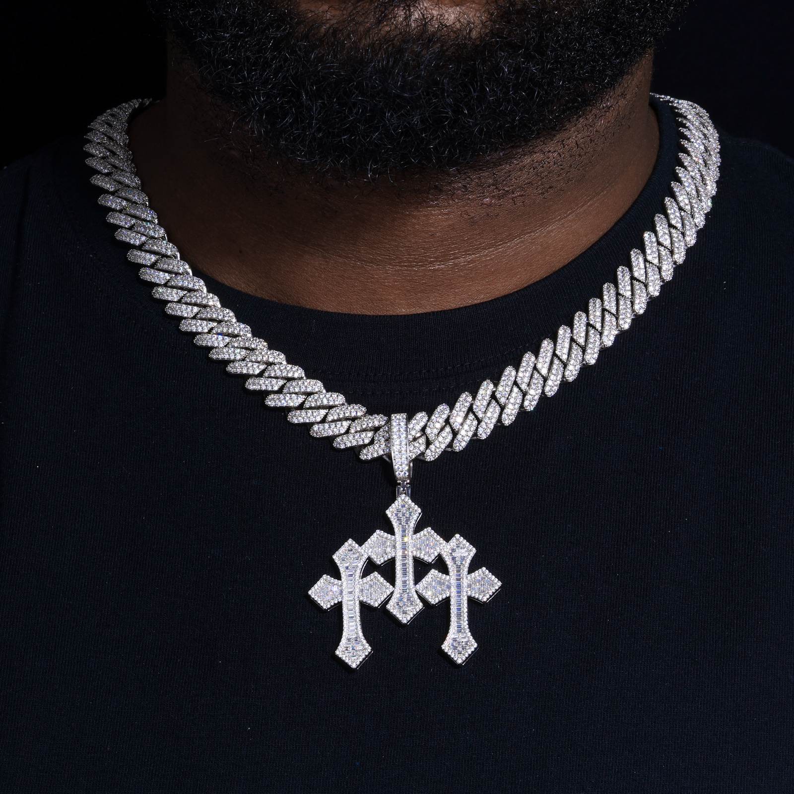 S925 Baguette Moissanite Triple Cross Pendant